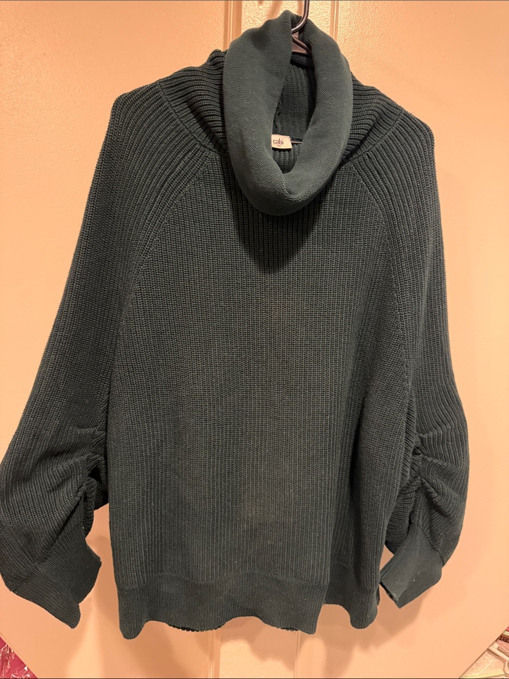 CAbi Teal Green Cowl Neck Ribbed Sweater